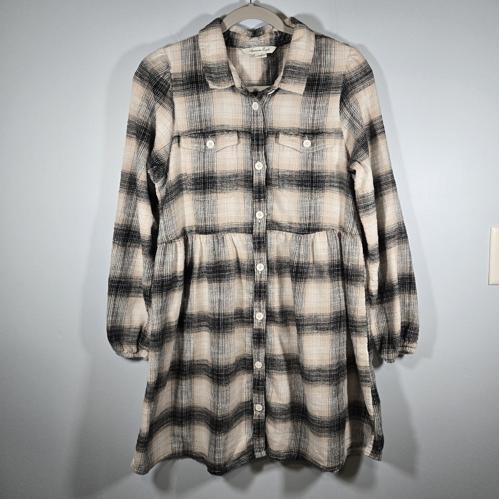 American Eagle Plaid Flannel Shirt Dress Size M Long Sleeve Fall‎ Winter